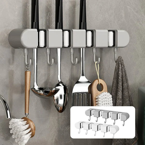 6 Slot & 6 Hook Wall Mounted Holder For Mop, Broom, Kitchen, Garden