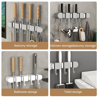 6 Slot & 6 Hook Wall Mounted Holder For Mop, Broom, Kitchen, Garden