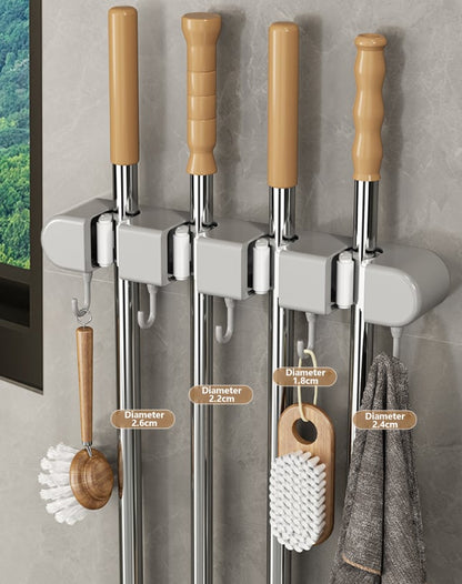 6 Slot & 6 Hook Wall Mounted Holder For Mop, Broom, Kitchen, Garden